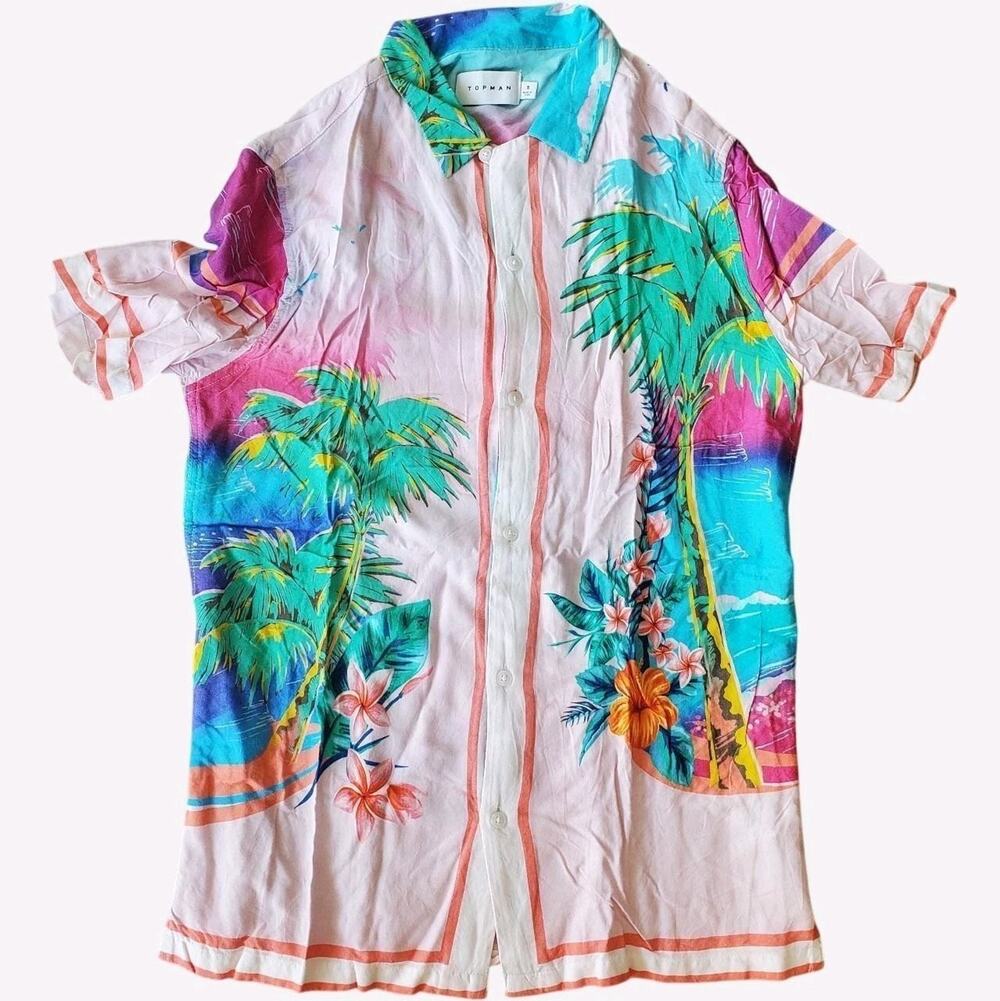 Topman Short Sleeve Button-Up Shirt Floral Hawaiian Tropical Multicolor Size S